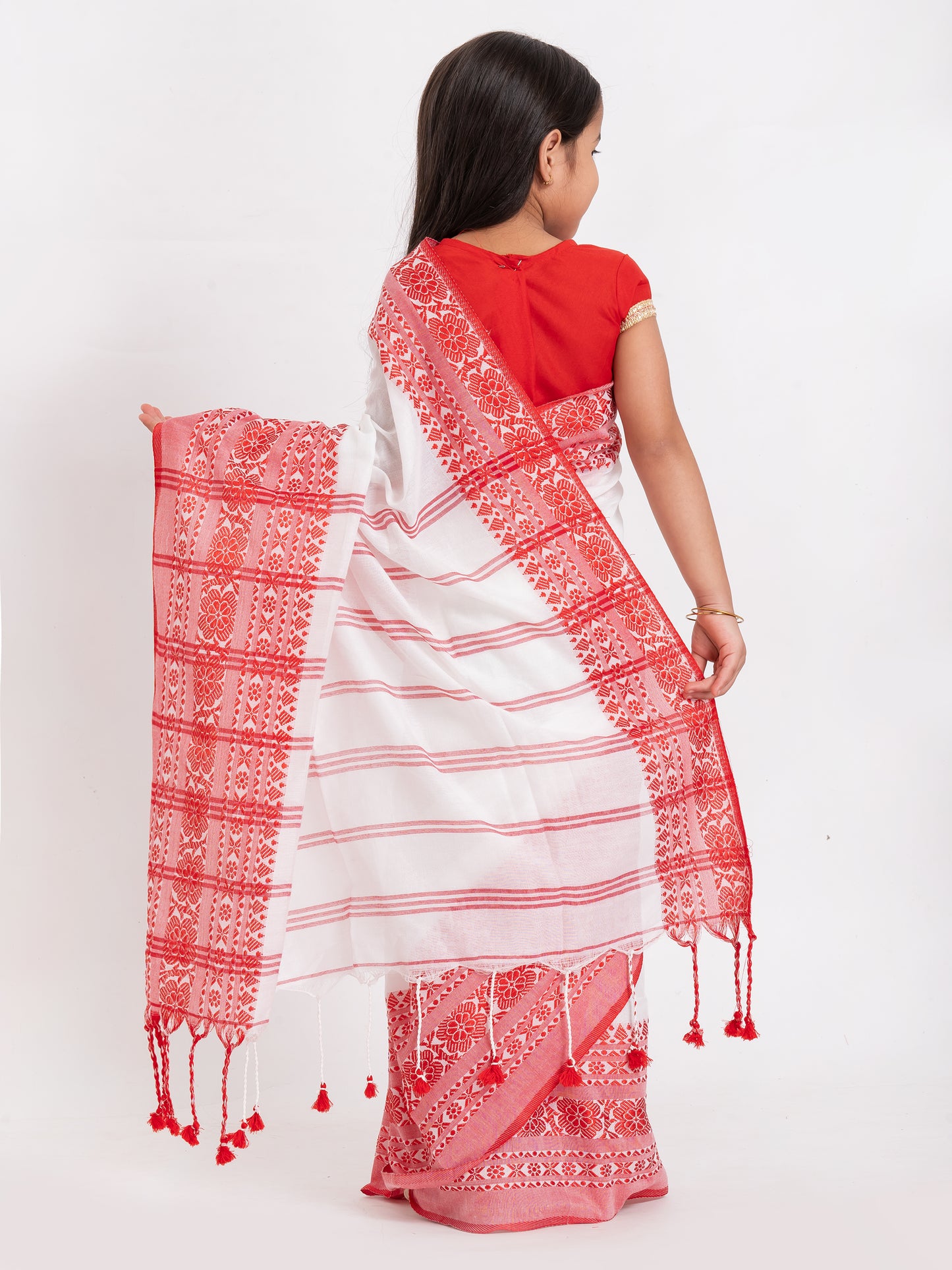Exclusive Premium Quality Traditional Cotton Saree with Red Border, Floral Print Design Kids Begumpuri Saree, Costume for Girls