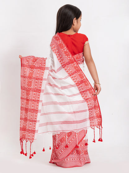 Exclusive Premium Quality Traditional Cotton Saree with Red Border, Floral Print Design Kids Begumpuri Saree, Costume for Girls