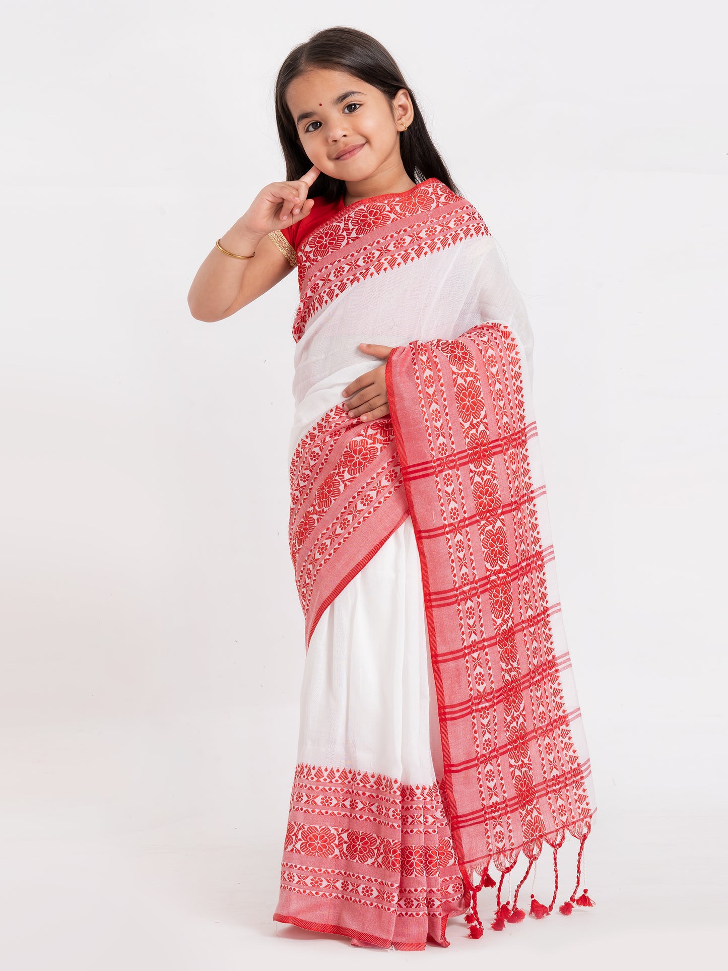 Exclusive Premium Quality Traditional Cotton Saree with Red Border, Floral Print Design Kids Begumpuri Saree, Costume for Girls