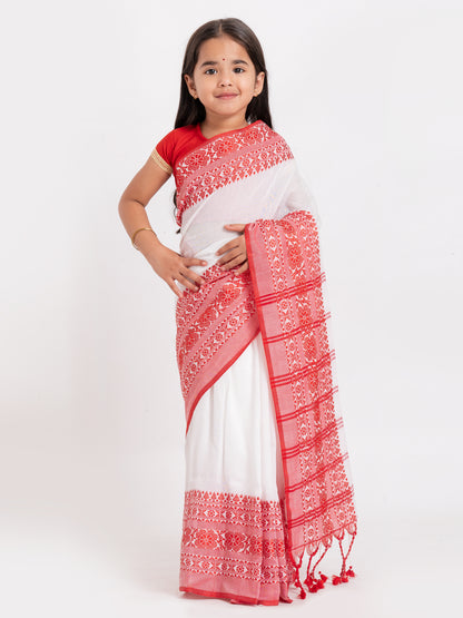 Exclusive Premium Quality Traditional Cotton Saree with Red Border, Floral Print Design Kids Begumpuri Saree, Costume for Girls