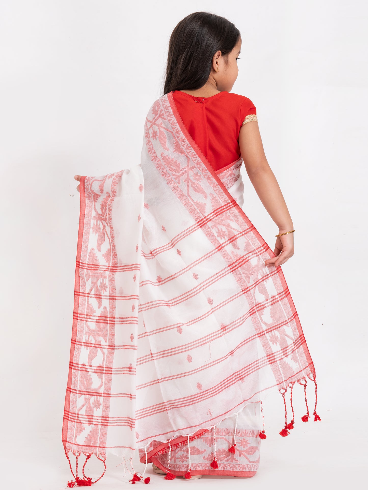 Exclusive Traditional Cotton Saree with Red Border, Floral Print Design Saree, Costume for Girls
