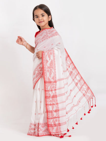 Exclusive Traditional Cotton Saree with Red Border, Floral Print Design Saree, Costume for Girls