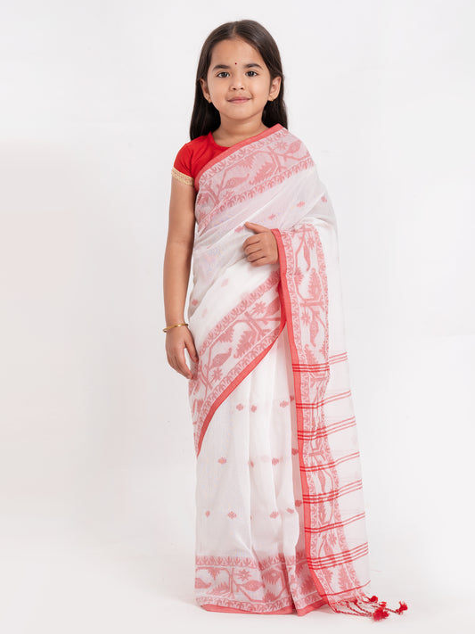 Exclusive Traditional Cotton Saree with Red Border, Floral Print Design Saree, Costume for Girls