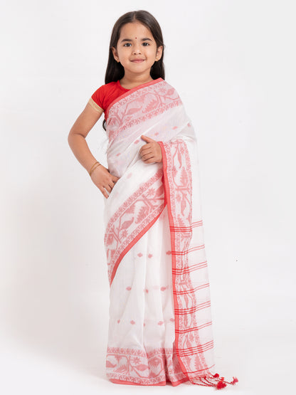Exclusive Traditional Cotton Saree with Red Border, Floral Print Design Saree, Costume for Girls