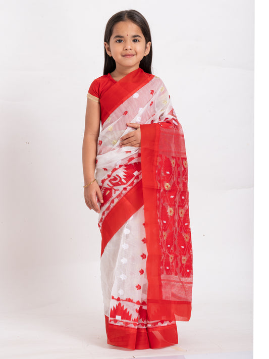 Exclusive Premium Quality Kids Dhakai Jamdani Saree – White & Red