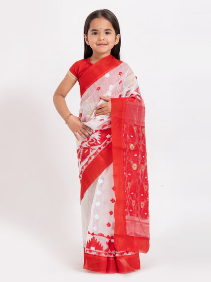 Exclusive Premium Quality Kids Dhakai Jamdani Saree – White & Red