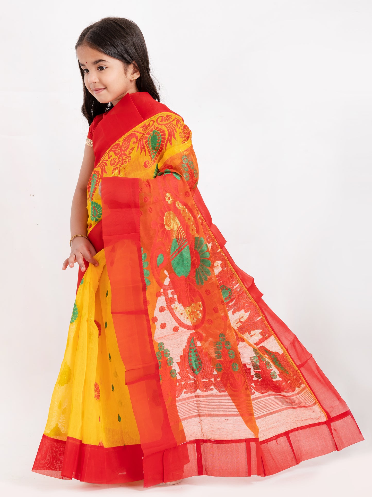 Exclusive Premium Quality Kids Dhakai Jamdani Saree – Yellow & Red