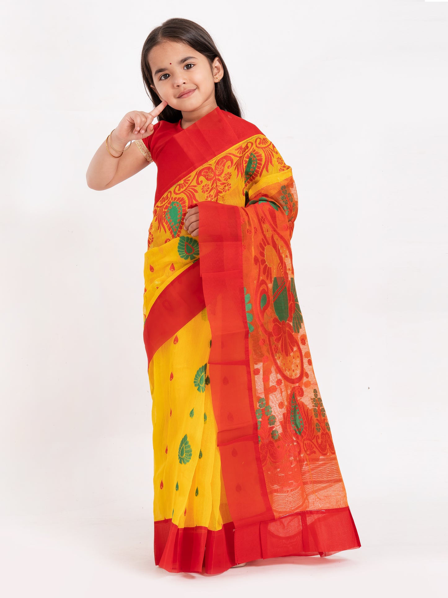 Exclusive Premium Quality Kids Dhakai Jamdani Saree – Yellow & Red