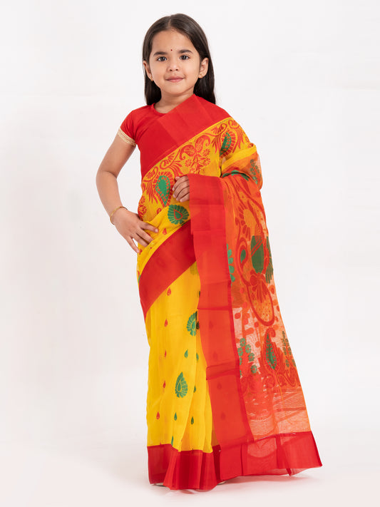 Exclusive Premium Quality Kids Dhakai Jamdani Saree – Yellow & Red