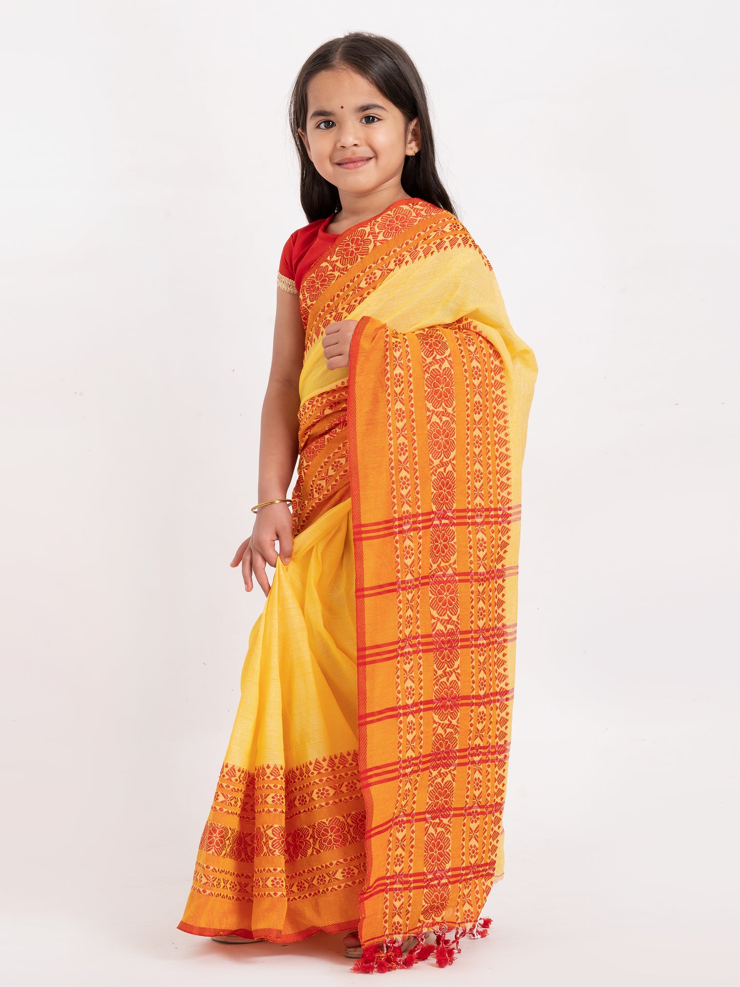 Exclusive Premium Quality Traditional Cotton Saree with Red Border, Floral Print Design Kids Begumpuri Saree, Costume for Girls