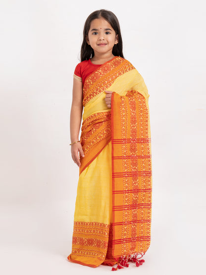 Exclusive Premium Quality Traditional Cotton Saree with Red Border, Floral Print Design Kids Begumpuri Saree, Costume for Girls
