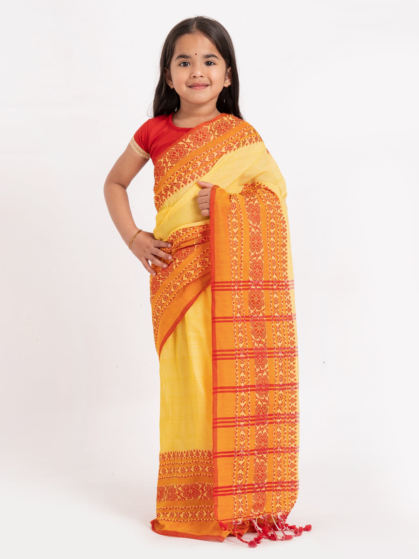 Exclusive Premium Quality Traditional Cotton Saree with Red Border, Floral Print Design Kids Begumpuri Saree, Costume for Girls