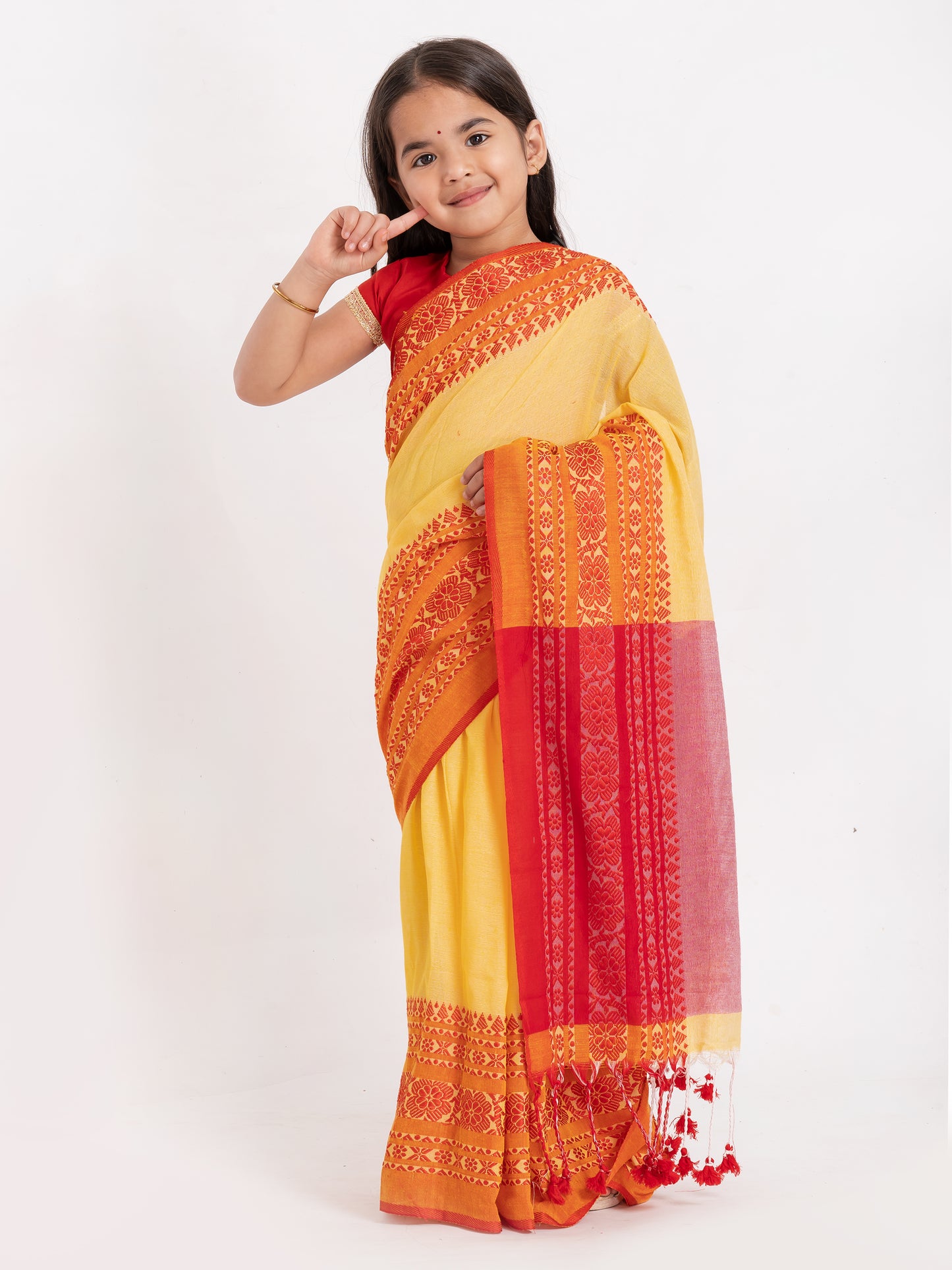 Exclusive Premium Quality Traditional Cotton Saree with Red Border, Floral Print Design Kids Begumpuri Saree, Costume for Girls