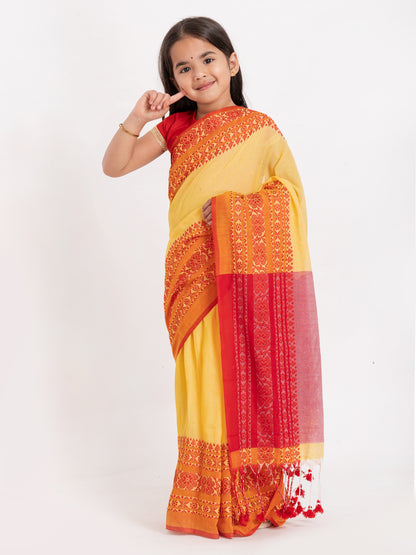 Exclusive Premium Quality Traditional Cotton Saree with Red Border, Floral Print Design Kids Begumpuri Saree, Costume for Girls