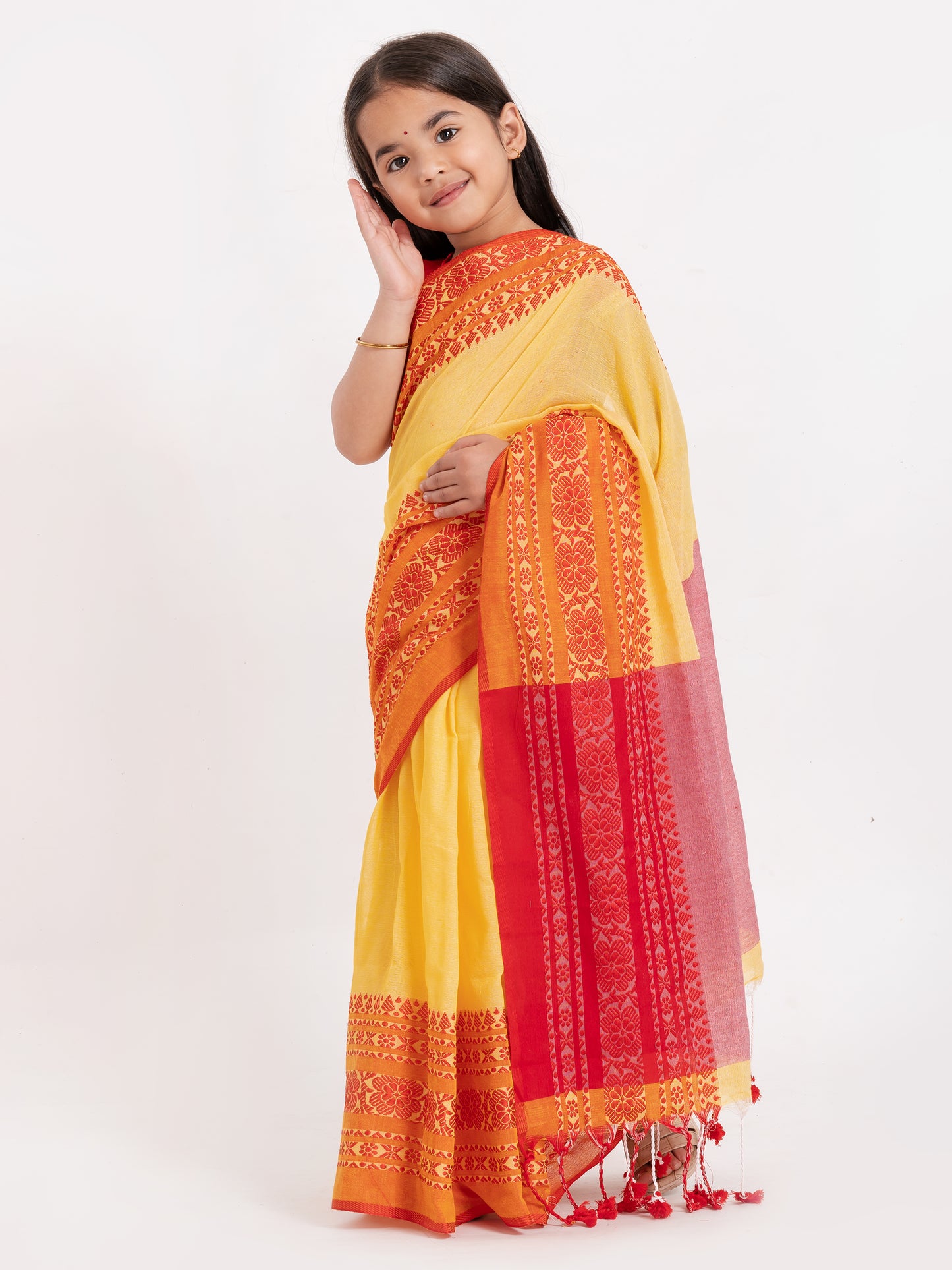 Exclusive Premium Quality Traditional Cotton Saree with Red Border, Floral Print Design Kids Begumpuri Saree, Costume for Girls