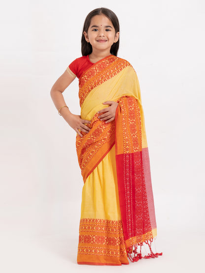 Exclusive Premium Quality Traditional Cotton Saree with Red Border, Floral Print Design Kids Begumpuri Saree, Costume for Girls