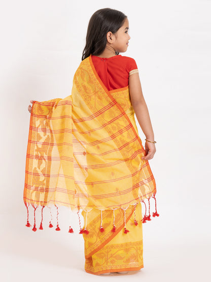 Exclusive Traditional Cotton Saree with Red Border, Floral Print Design Saree, Costume for Girls