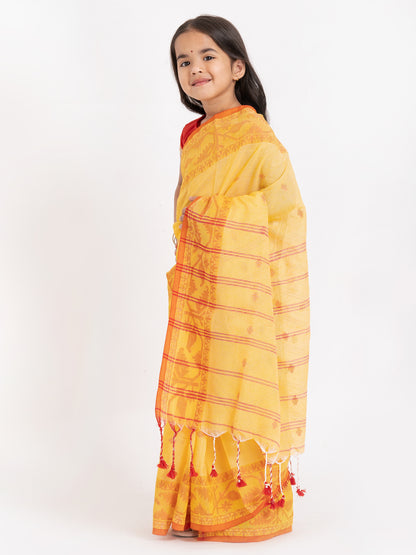 Exclusive Traditional Cotton Saree with Red Border, Floral Print Design Saree, Costume for Girls