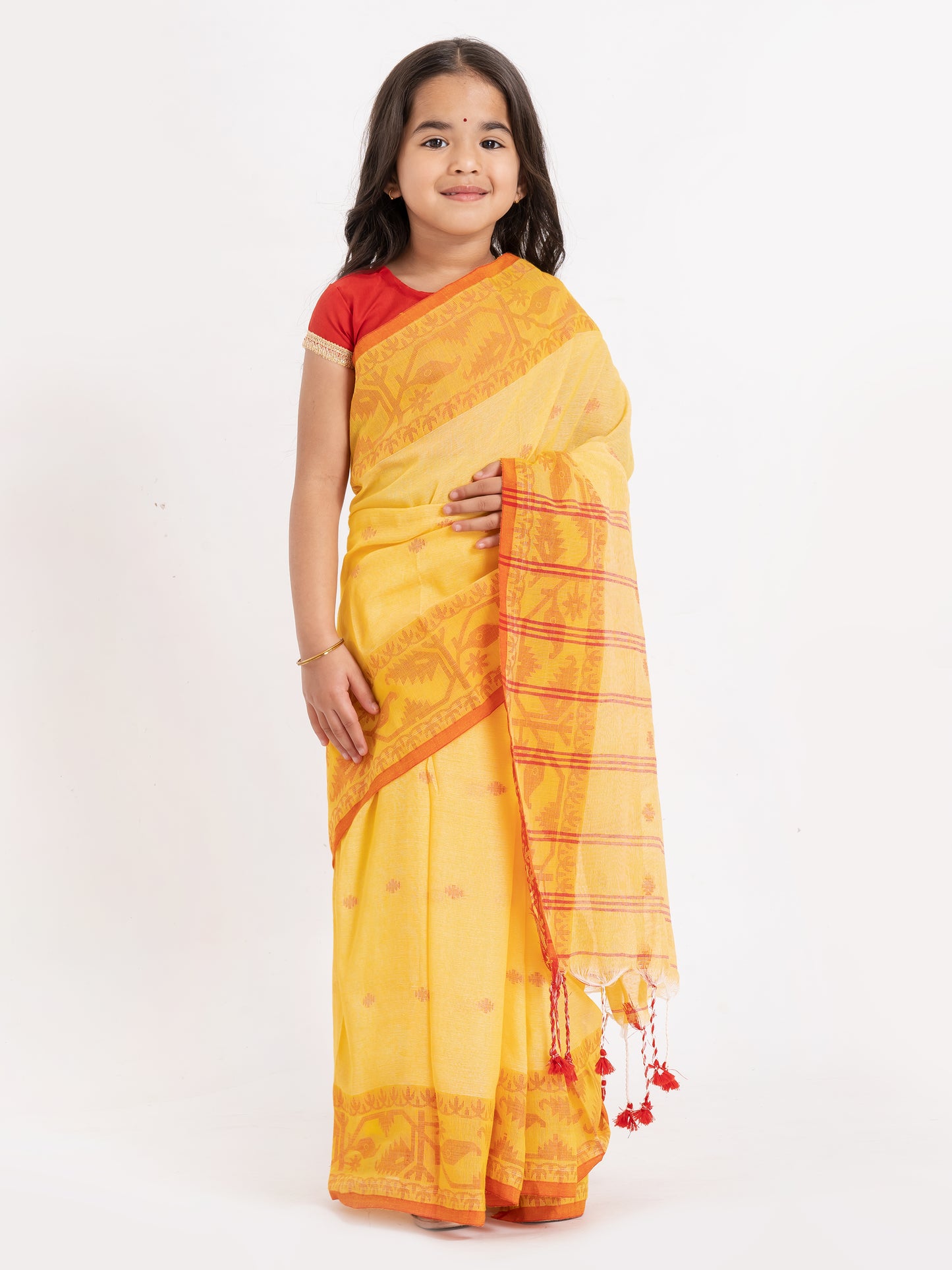 Exclusive Traditional Cotton Saree with Red Border, Floral Print Design Saree, Costume for Girls