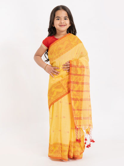 Exclusive Traditional Cotton Saree with Red Border, Floral Print Design Saree, Costume for Girls
