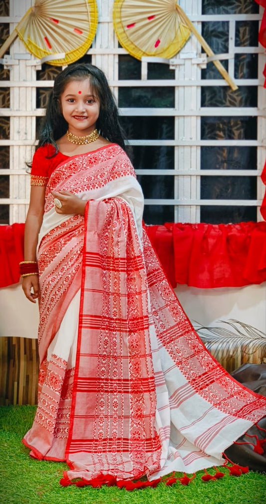 Soft Begumpuri Kids Khadi Cotton Saree With Ready Blouse and Petticoat