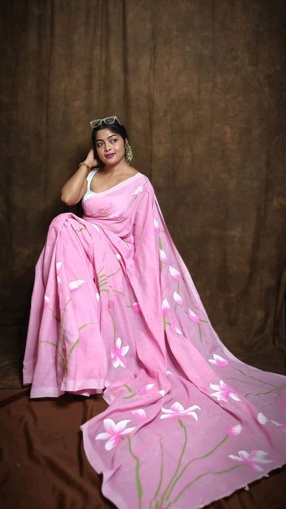 Pure Lotus Hand Printed Khadi Cotton Saree Running Blouse