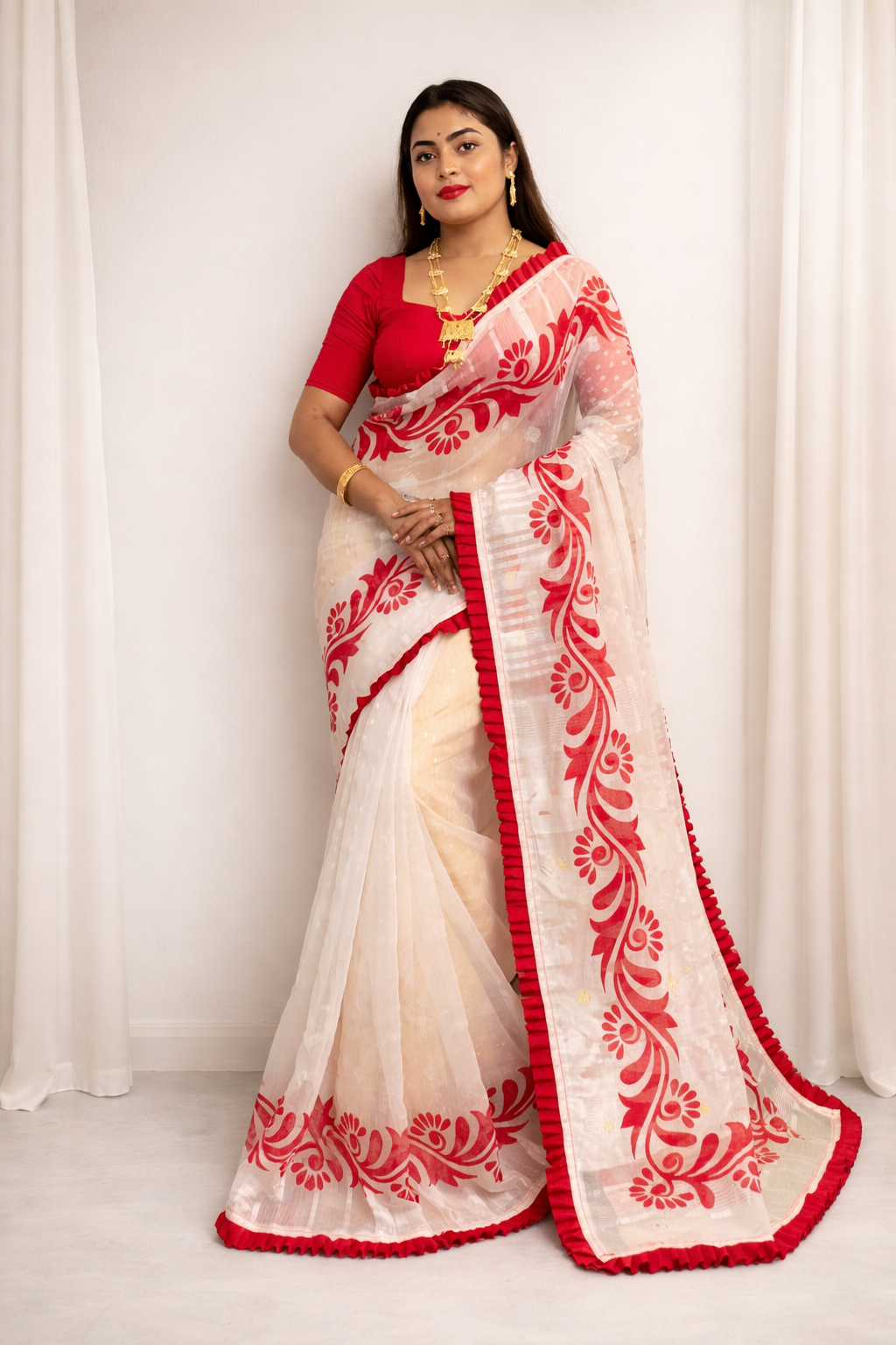 Korat Kolka Print Dhakai Jamdani Saree with Red Ruffle Work