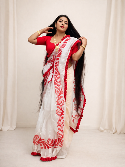 Korat Kolka Print Dhakai Jamdani Saree with Red Ruffle Work