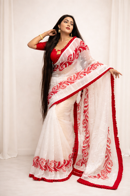 Korat Kolka Print Dhakai Jamdani Saree with Red Ruffle Work