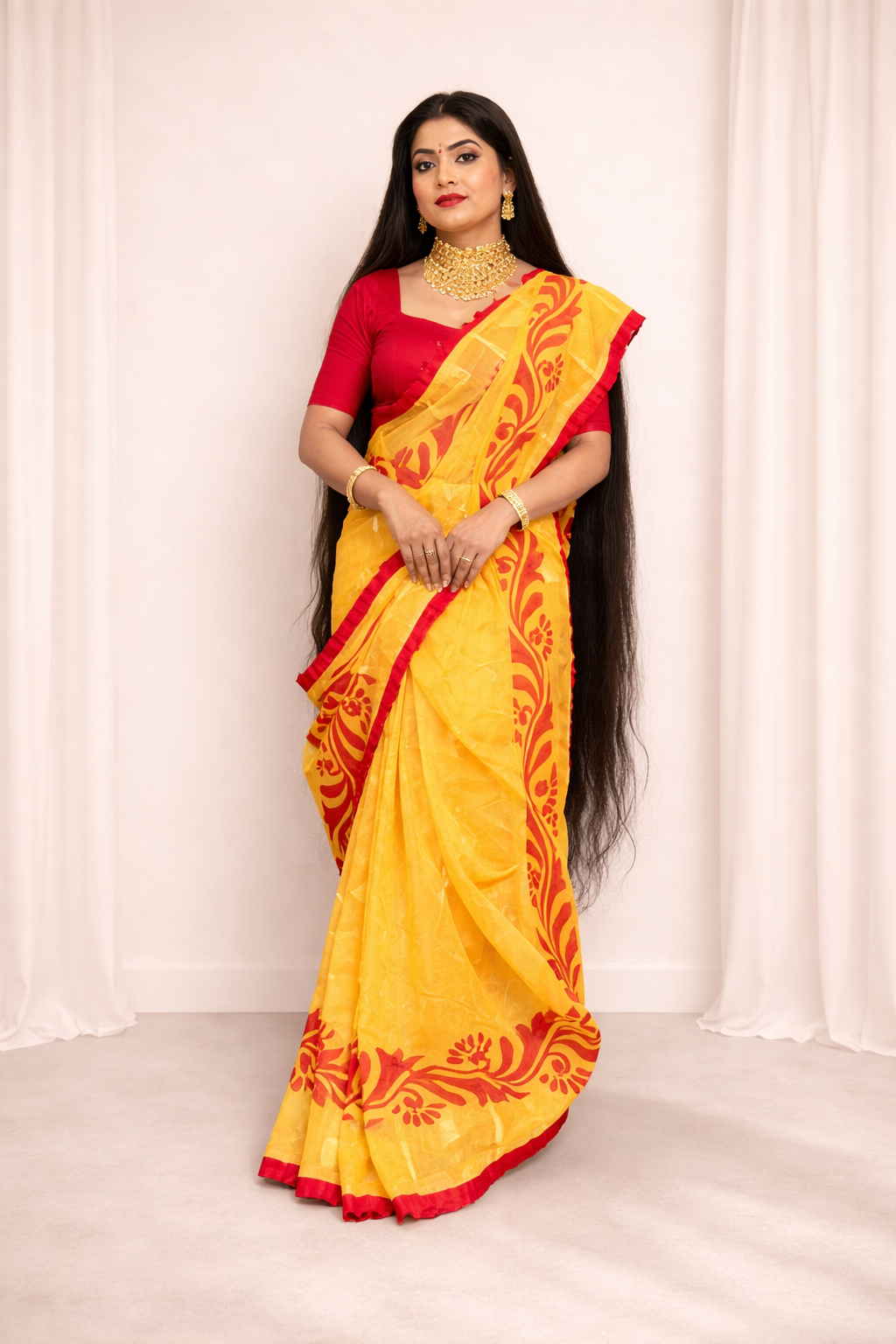 Korat Kolka Print Dhakai Jamdani Saree with Red Ruffle Work