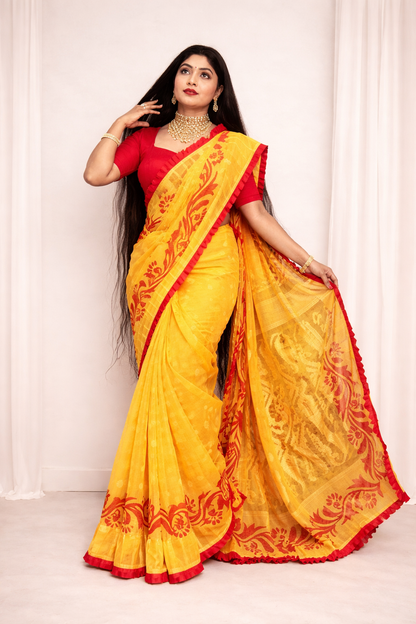 Korat Kolka Print Dhakai Jamdani Saree with Red Ruffle Work