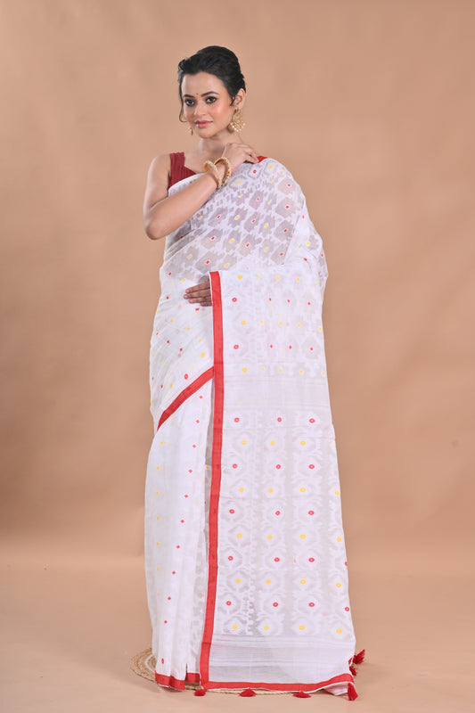 BALIKA TEXTILE Woven Design Jamdani Floral Print Saree with Red Border,