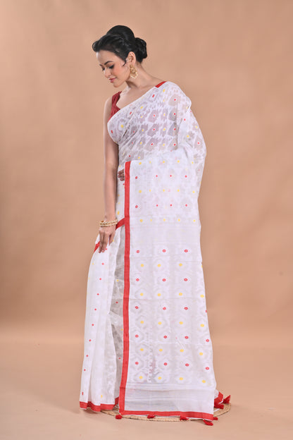 BALIKA TEXTILE Woven Design Jamdani Floral Print Saree with Red Border,