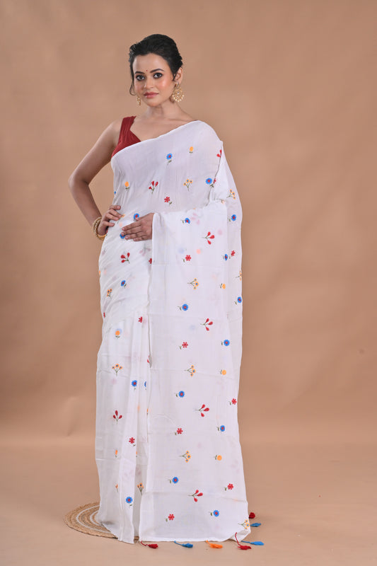 BALIKA TEXTILE New & Exclusive White Plain Solid Cotton Saree with Floral Embroidery & Running Blouse – 6.3 meters – Pure Cotton