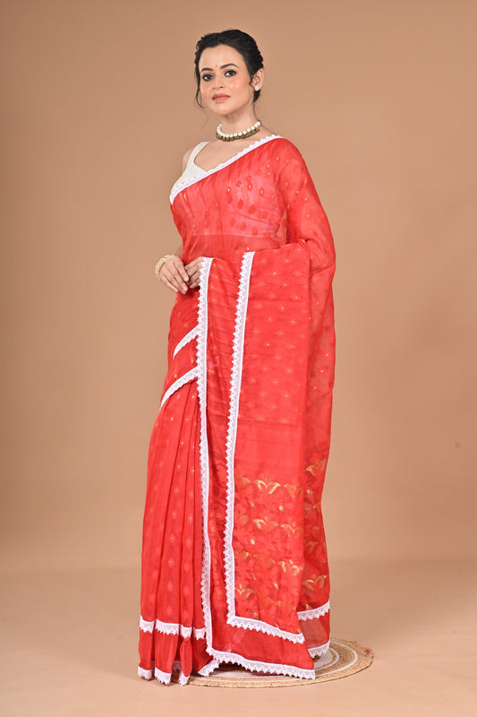 New & Exclusive Red Dimond Dhakai Jamdani  Saree – White with Lace Border | Cotton Silk | 5.5m | No Blouse (Red)