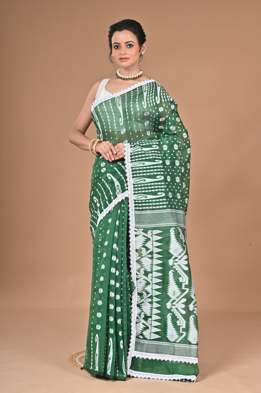 New & Exclusive Korat Dhakai Jamdani Saree – White with Lace Border | Cotton Silk | 5.5m | No Blouse ( Deep Green )