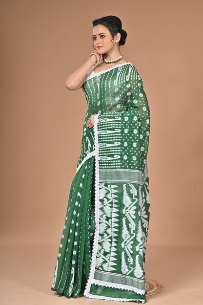 New & Exclusive Korat Dhakai Jamdani Saree – White with Lace Border | Cotton Silk | 5.5m | No Blouse ( Deep Green )