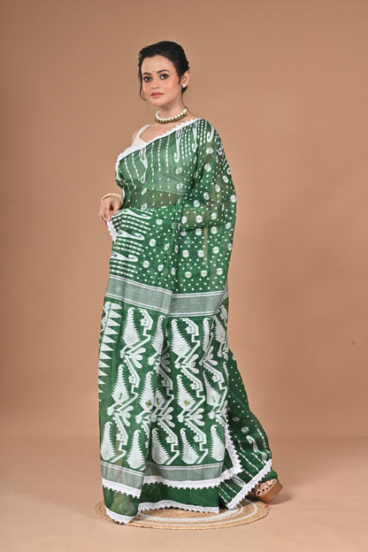 New & Exclusive Korat Dhakai Jamdani Saree – White with Lace Border | Cotton Silk | 5.5m | No Blouse ( Deep Green )