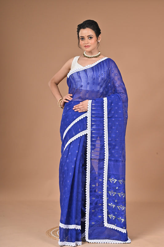 New & Exclusive Red Dimond Dhakai Jamdani  Saree – White with Lace Border | Cotton Silk | 5.5m | No Blouse (Blue)