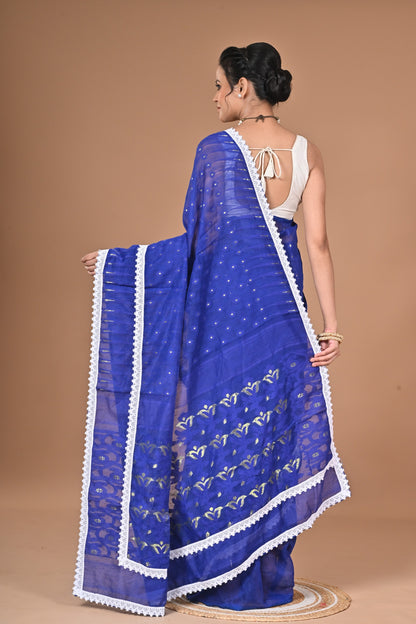 New & Exclusive Red Dimond Dhakai Jamdani  Saree – White with Lace Border | Cotton Silk | 5.5m | No Blouse (Blue)