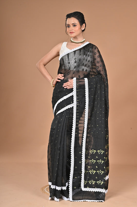 New & Exclusive Red Dimond Dhakai Jamdani  Saree – White with Lace Border | Cotton Silk | 5.5m | No Blouse (Black)