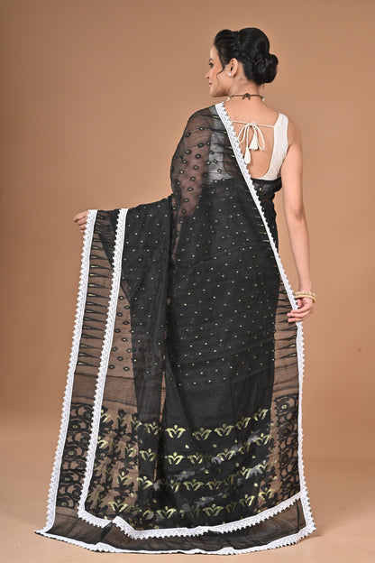 New & Exclusive Red Dimond Dhakai Jamdani  Saree – White with Lace Border | Cotton Silk | 5.5m | No Blouse (Black)