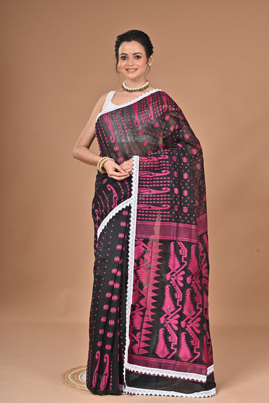 New & Exclusive Korat Dhakai Jamdani Saree – White with Lace Border | Cotton Silk | 5.5m | No Blouse (Black)