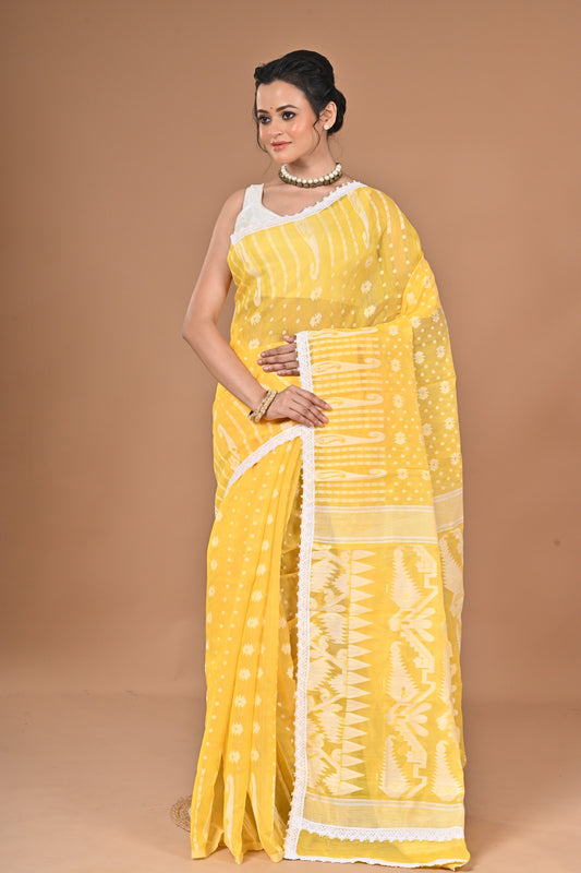 New & Exclusive Korat Dhakai Jamdani Saree – White with Lace Border | Cotton Silk | 5.5m | No Blouse ( Yellow )