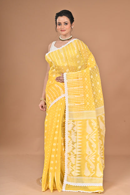 New & Exclusive Korat Dhakai Jamdani Saree – White with Lace Border | Cotton Silk | 5.5m | No Blouse ( Yellow )