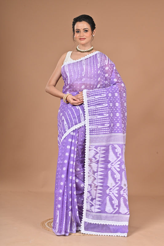New & Exclusive Korat Dhakai Jamdani Saree – White with Lace Border | Cotton Silk | 5.5m | No Blouse (Purple)