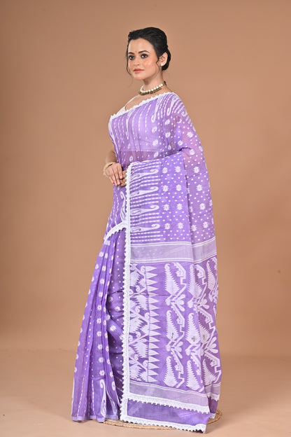 New & Exclusive Korat Dhakai Jamdani Saree – White with Lace Border | Cotton Silk | 5.5m | No Blouse (Purple)