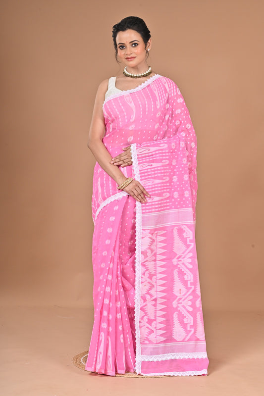New & Exclusive Korat Dhakai Jamdani Saree – White with Lace Border | Cotton Silk | 5.5m | No Blouse (Pink)