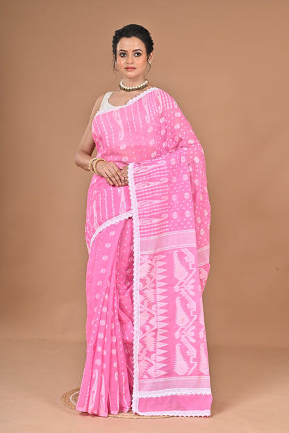 New & Exclusive Korat Dhakai Jamdani Saree – White with Lace Border | Cotton Silk | 5.5m | No Blouse (Pink)