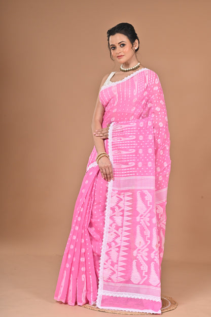 New & Exclusive Korat Dhakai Jamdani Saree – White with Lace Border | Cotton Silk | 5.5m | No Blouse (Pink)
